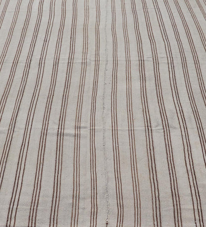 Measures: 7'2 x 9'3 Vintage Turkish Kilim Flat - Weave in Neutral Tones of Cream & Brown Stripes. Keivan Woven Arts /rug#EN - 13183, country of origin / type: Turkey / Kilim 1950s Vintage Hand Woven neutral Kilim flat - weave. This vintage Kilim h... - Keivan Woven ArtsEN - 13183 - 21215Rug