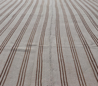 Measures: 7'2 x 9'3 Vintage Turkish Kilim Flat - Weave in Neutral Tones of Cream & Brown Stripes. Keivan Woven Arts /rug#EN - 13183, country of origin / type: Turkey / Kilim 1950s Vintage Hand Woven neutral Kilim flat - weave. This vintage Kilim h... - Keivan Woven ArtsEN - 13183 - 21215Rug