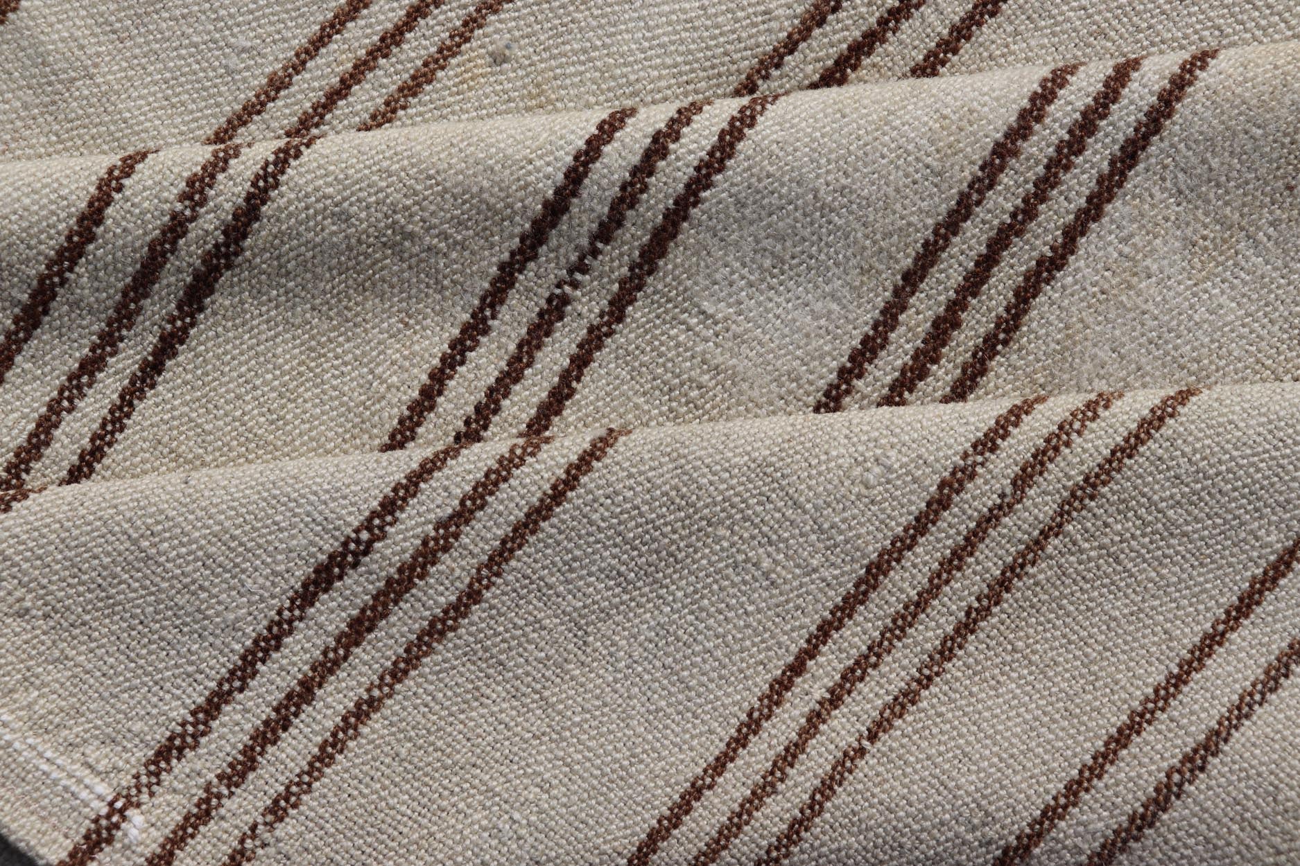 Measures: 7'2 x 9'3 Vintage Turkish Kilim Flat - Weave in Neutral Tones of Cream & Brown Stripes. Keivan Woven Arts /rug#EN - 13183, country of origin / type: Turkey / Kilim 1950s Vintage Hand Woven neutral Kilim flat - weave. This vintage Kilim h... - Keivan Woven ArtsEN - 13183 - 21215Rug