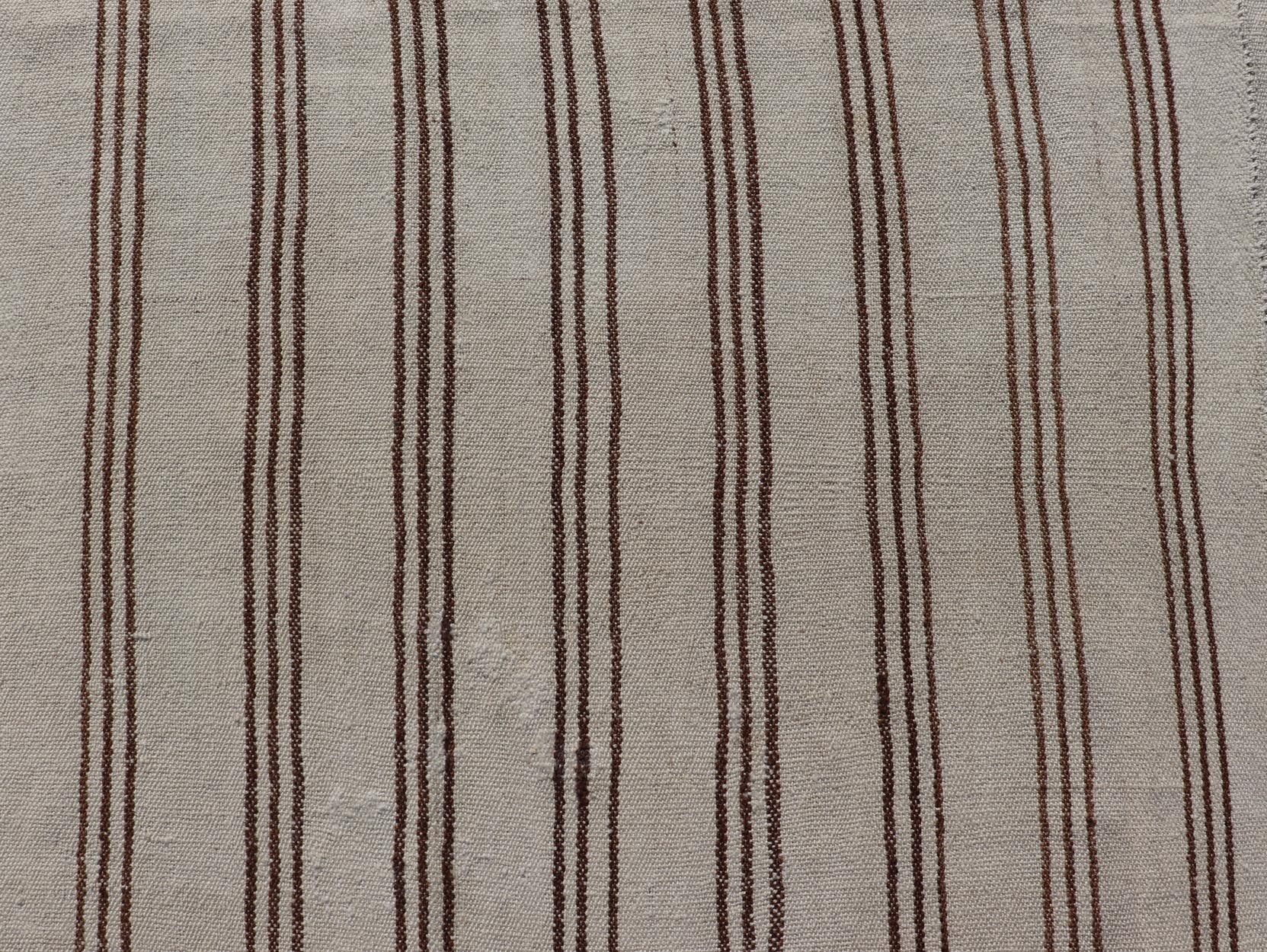 Measures: 7'2 x 9'3 Vintage Turkish Kilim Flat - Weave in Neutral Tones of Cream & Brown Stripes. Keivan Woven Arts /rug#EN - 13183, country of origin / type: Turkey / Kilim 1950s Vintage Hand Woven neutral Kilim flat - weave. This vintage Kilim h... - Keivan Woven ArtsEN - 13183 - 21215Rug