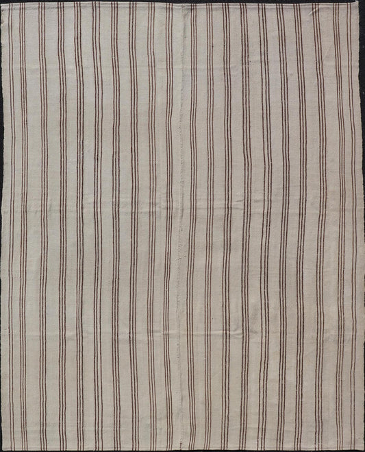 Measures: 7'2 x 9'3 Vintage Turkish Kilim Flat - Weave in Neutral Tones of Cream & Brown Stripes. Keivan Woven Arts /rug#EN - 13183, country of origin / type: Turkey / Kilim 1950s Vintage Hand Woven neutral Kilim flat - weave. This vintage Kilim h... - Keivan Woven ArtsEN - 13183 - 21215