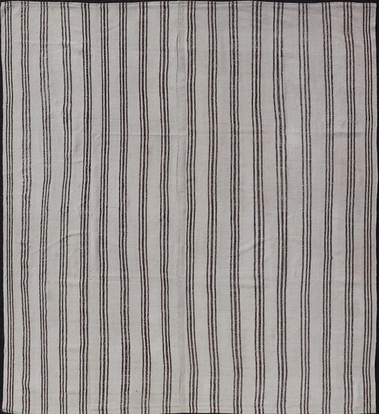 Measures: 7'5 x 8'3 Vintage Turkish Kilim with Stripes in Ivory and Shades of Brown. Country of origin: Turkey; Type: Kilim; Design: Minimal, Striped, Panel; Keivan Woven Arts: rug EN - 13184 This vintage Turkish Kilim features simple design a... - Keivan Woven ArtsEN - 13184 - 21639