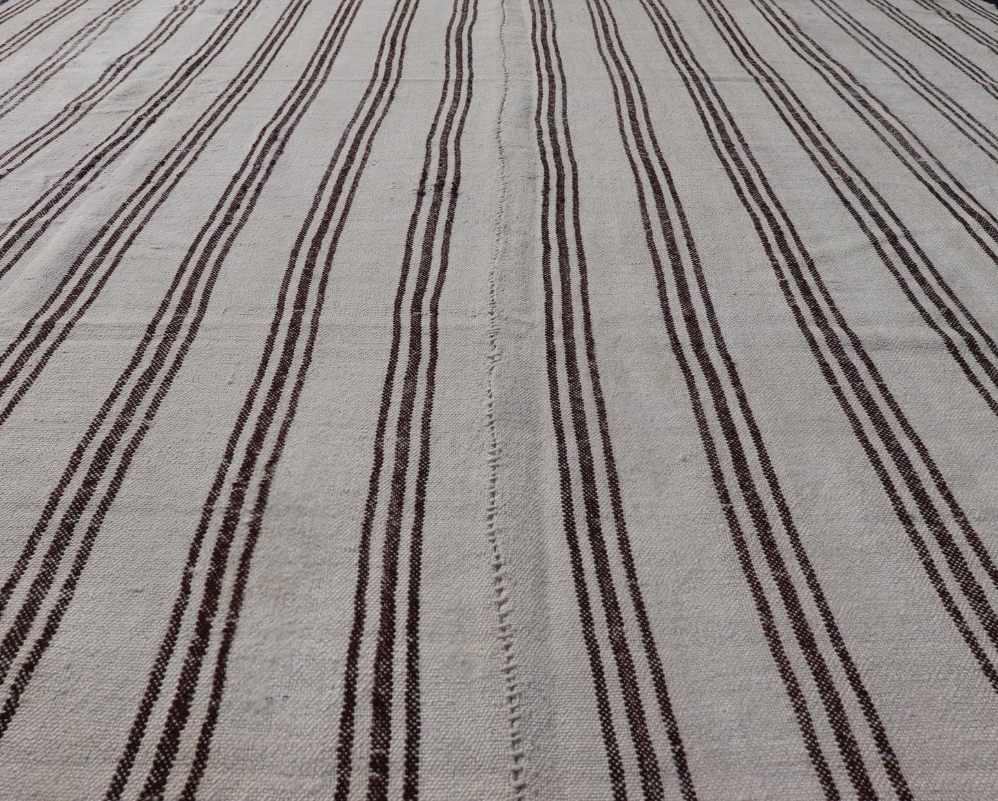 Measures: 7'5 x 8'3 Vintage Turkish Kilim with Stripes in Ivory and Shades of Brown. Country of origin: Turkey; Type: Kilim; Design: Minimal, Striped, Panel; Keivan Woven Arts: rug EN - 13184 This vintage Turkish Kilim features simple design a... - Keivan Woven ArtsEN - 13184 - 21639Rug
