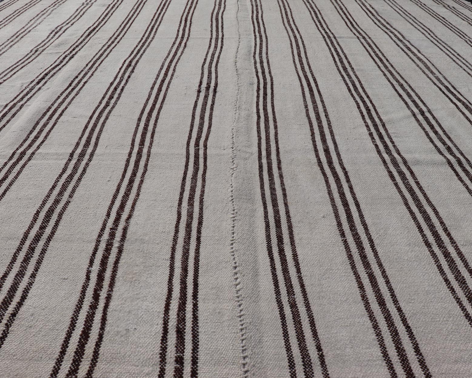 Measures: 7'5 x 8'3 Vintage Turkish Kilim with Stripes in Ivory and Shades of Brown. Country of origin: Turkey; Type: Kilim; Design: Minimal, Striped, Panel; Keivan Woven Arts: rug EN - 13184 This vintage Turkish Kilim features simple design a... - Keivan Woven ArtsEN - 13184 - 21639Rug