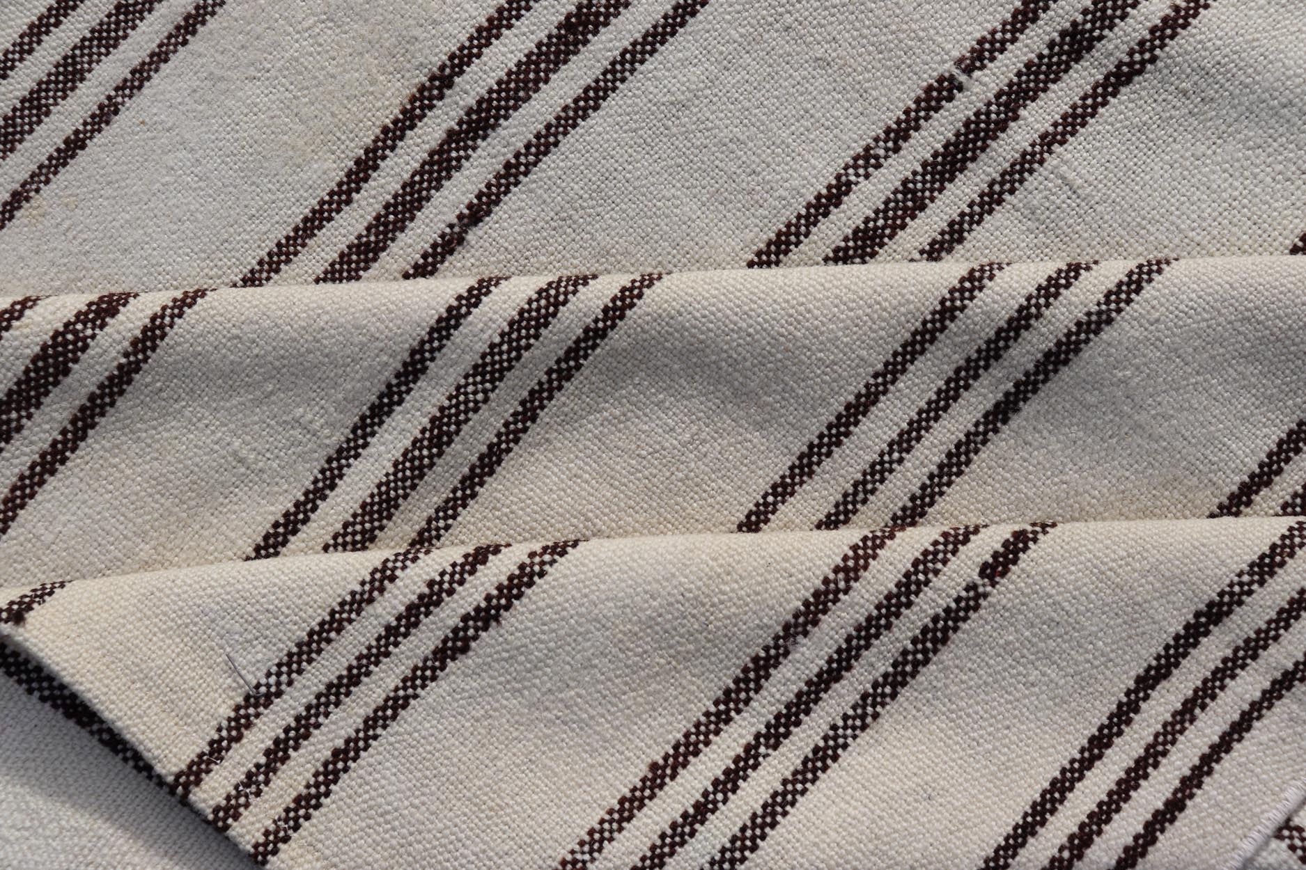 Measures: 7'5 x 8'3 Vintage Turkish Kilim with Stripes in Ivory and Shades of Brown. Country of origin: Turkey; Type: Kilim; Design: Minimal, Striped, Panel; Keivan Woven Arts: rug EN - 13184 This vintage Turkish Kilim features simple design a... - Keivan Woven ArtsEN - 13184 - 21639Rug