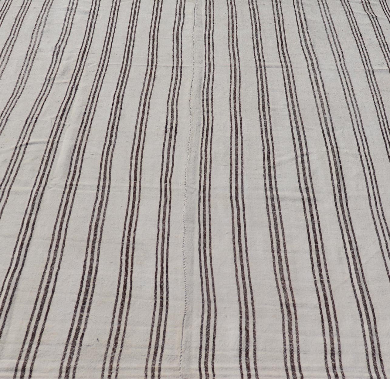 Measures: 7'5 x 8'3 Vintage Turkish Kilim with Stripes in Ivory and Shades of Brown. Country of origin: Turkey; Type: Kilim; Design: Minimal, Striped, Panel; Keivan Woven Arts: rug EN - 13184 This vintage Turkish Kilim features simple design a... - Keivan Woven ArtsEN - 13184 - 21639Rug