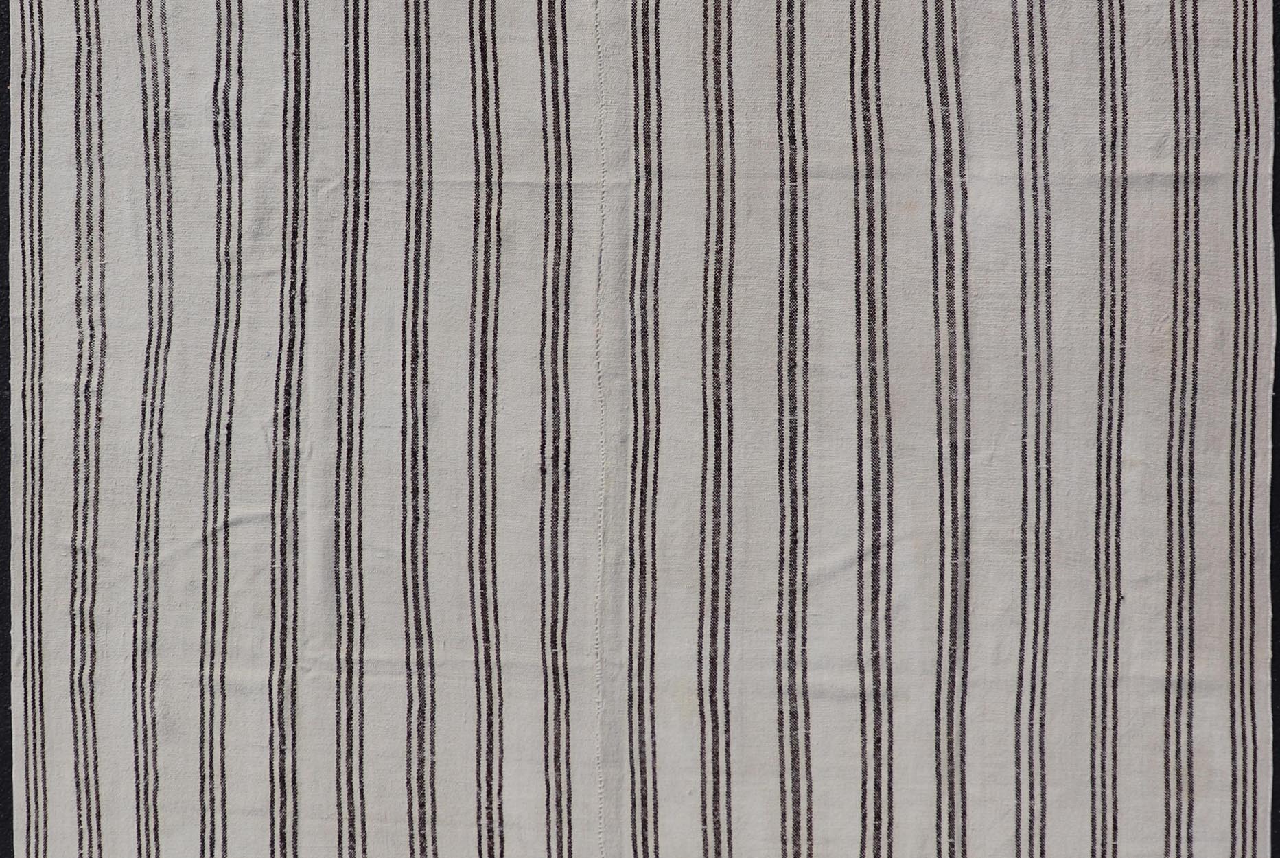 Measures: 7'5 x 8'3 Vintage Turkish Kilim with Stripes in Ivory and Shades of Brown. Country of origin: Turkey; Type: Kilim; Design: Minimal, Striped, Panel; Keivan Woven Arts: rug EN - 13184 This vintage Turkish Kilim features simple design a... - Keivan Woven ArtsEN - 13184 - 21639Rug