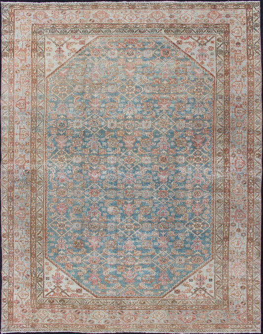 Antique Malayer Carpet with All - Over Design in Blue Gray Tones Persian rug in light blue and pink tones, rug en - 1319, country of origin / type: Iran / Malayer, circa 1920 This beautiful antique Malayer rug features a central field adorned... - Keivan Woven ArtsEN - 1319 - 11375