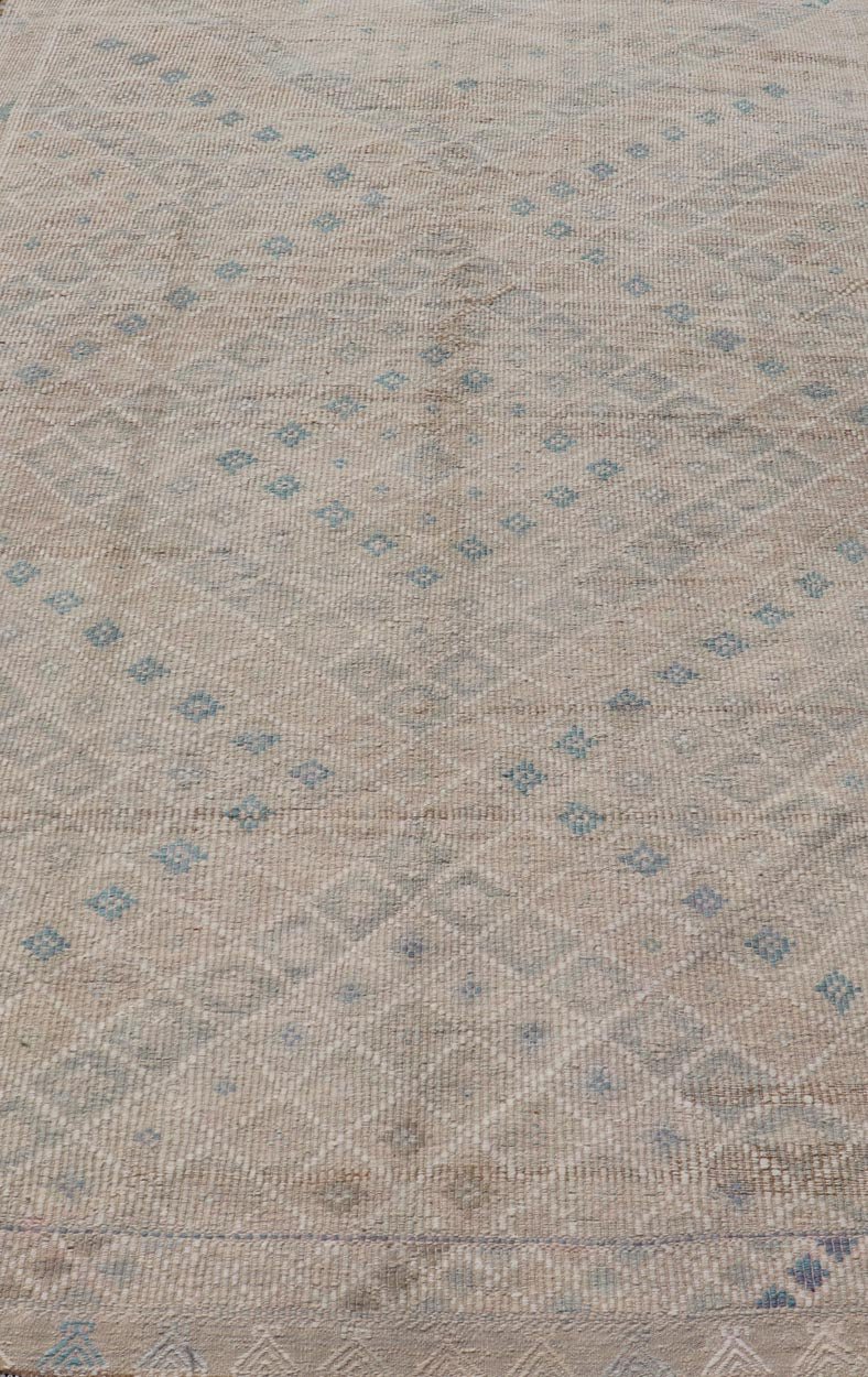 Vintage Turkish Embroidered Flat - Weave Rug Diamond Shape Geometric Design Measures 6'1 x 10'1 This hand - woven Kilim features muted shades of taupe, light blue, light green, camel, and small accent details in cream. The all - over design di... - Keivan Woven ArtsEN - 13190 - 18800