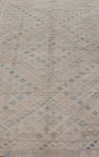 Vintage Turkish Embroidered Flat - Weave Rug Diamond Shape Geometric Design Measures 6'1 x 10'1 This hand - woven Kilim features muted shades of taupe, light blue, light green, camel, and small accent details in cream. The all - over design di... - Keivan Woven ArtsEN - 13190 - 18800