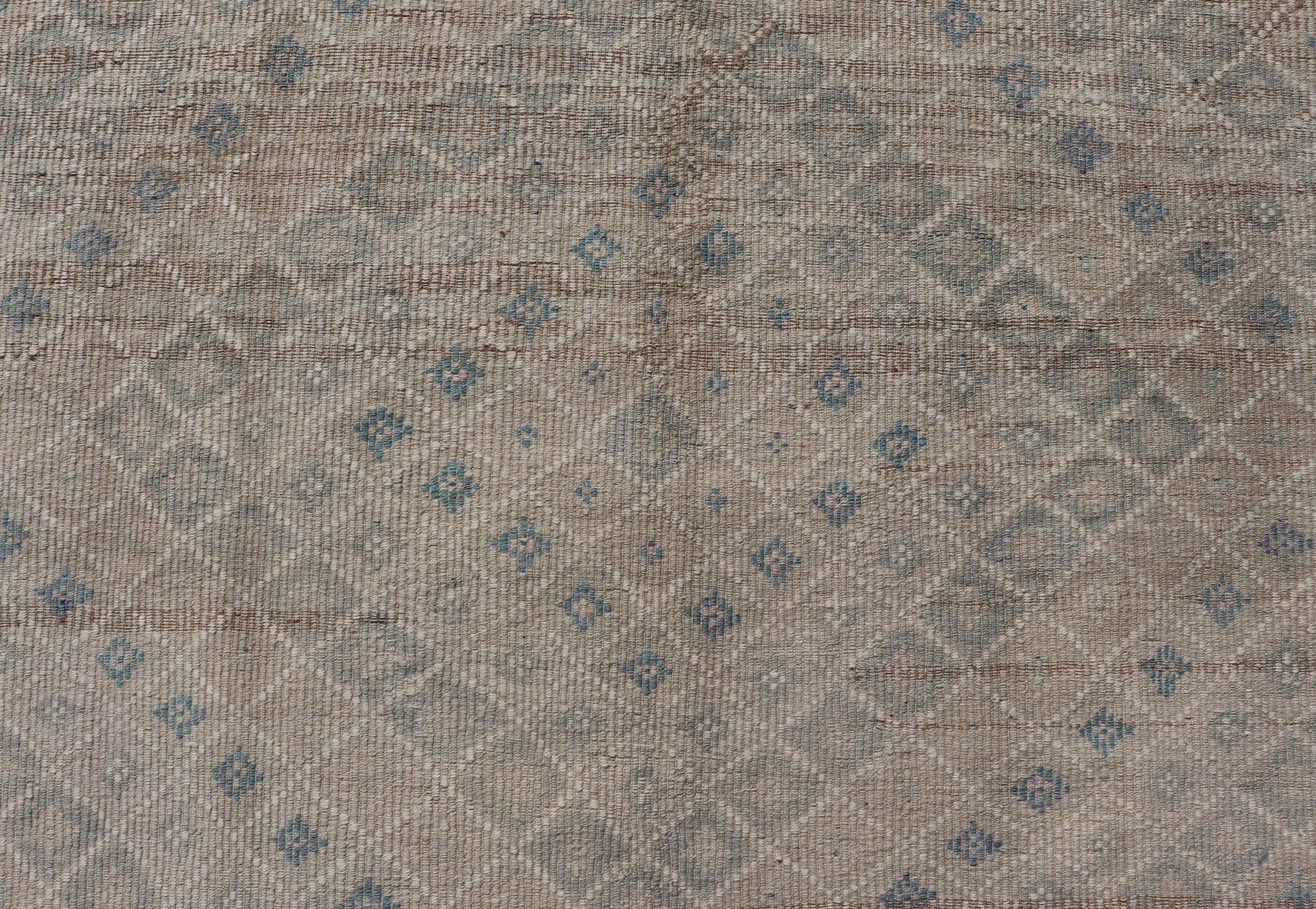 Vintage Turkish Embroidered Flat - Weave Rug Diamond Shape Geometric Design Measures 6'1 x 10'1 This hand - woven Kilim features muted shades of taupe, light blue, light green, camel, and small accent details in cream. The all - over design di... - Keivan Woven ArtsEN - 13190 - 18800