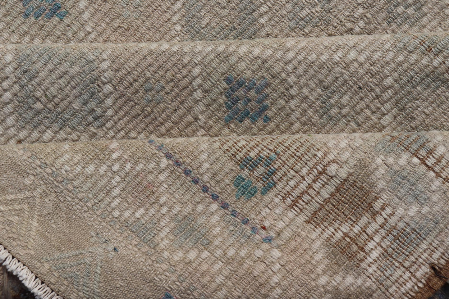 Vintage Turkish Embroidered Flat - Weave Rug Diamond Shape Geometric Design Measures 6'1 x 10'1 This hand - woven Kilim features muted shades of taupe, light blue, light green, camel, and small accent details in cream. The all - over design di... - Keivan Woven ArtsEN - 13190 - 18800