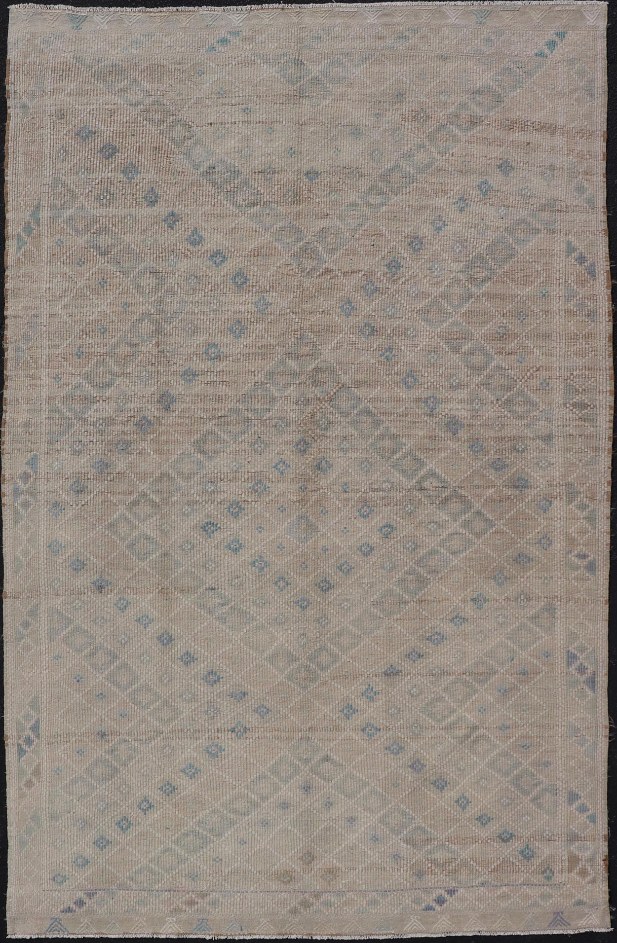 Vintage Turkish Embroidered Flat - Weave Rug Diamond Shape Geometric Design Measures 6'1 x 10'1 This hand - woven Kilim features muted shades of taupe, light blue, light green, camel, and small accent details in cream. The all - over design di... - Keivan Woven ArtsEN - 13190 - 18800