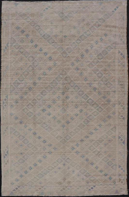Vintage Turkish Embroidered Flat - Weave Rug Diamond Shape Geometric Design Measures 6'1 x 10'1 This hand - woven Kilim features muted shades of taupe, light blue, light green, camel, and small accent details in cream. The all - over design di... - Keivan Woven ArtsEN - 13190 - 18800