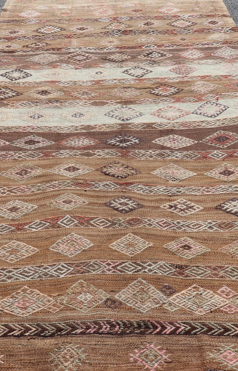 Measures: 5'8 x 11'5 Vintage Turkish Embroidered Flatweave Rug Gallery with Striped Geometric Design. Keivan Woven Arts / rug EN - 13194, country of origin / type: Turkey / Kilim, circa 1950. - Keivan Woven ArtsEN - 13194 - 21721Rug