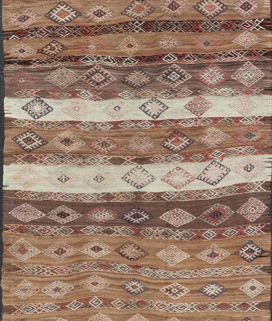 Measures: 5'8 x 11'5 Vintage Turkish Embroidered Flatweave Rug Gallery with Striped Geometric Design. Keivan Woven Arts / rug EN - 13194, country of origin / type: Turkey / Kilim, circa 1950. - Keivan Woven ArtsEN - 13194 - 21721Rug
