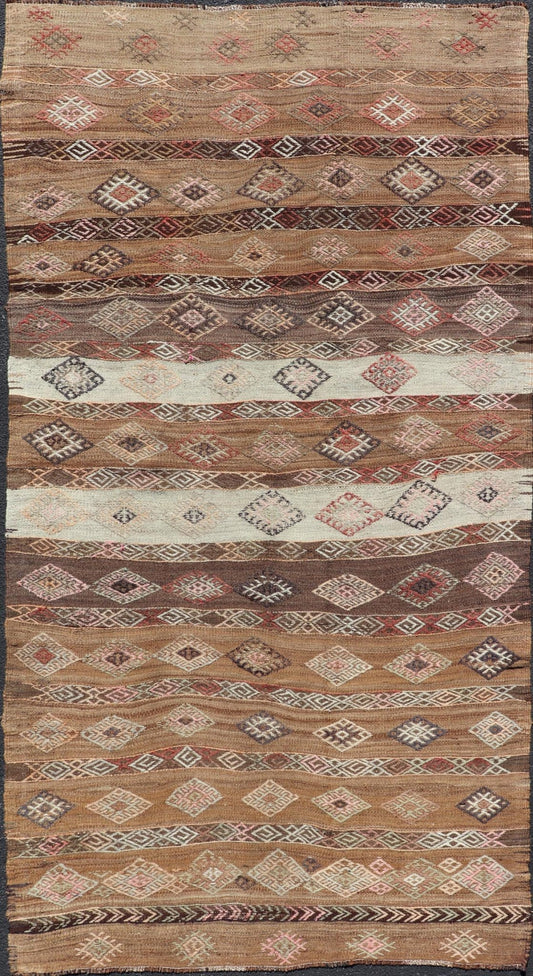 Measures: 5'8 x 11'5 Vintage Turkish Embroidered Flatweave Rug Gallery with Striped Geometric Design. Keivan Woven Arts / rug EN - 13194, country of origin / type: Turkey / Kilim, circa 1950. - Keivan Woven ArtsEN - 13194 - 21721