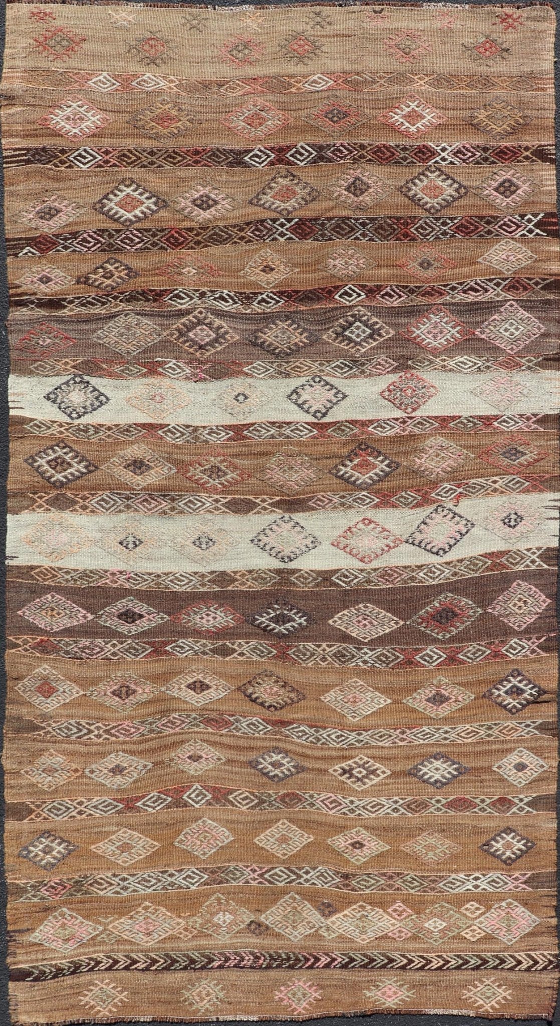 Measures: 5'8 x 11'5 Vintage Turkish Embroidered Flatweave Rug Gallery with Striped Geometric Design. Keivan Woven Arts / rug EN - 13194, country of origin / type: Turkey / Kilim, circa 1950. - Keivan Woven ArtsEN - 13194 - 21721Rug