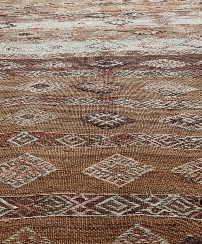 Measures: 5'8 x 11'5 Vintage Turkish Embroidered Flatweave Rug Gallery with Striped Geometric Design. Keivan Woven Arts / rug EN - 13194, country of origin / type: Turkey / Kilim, circa 1950. - Keivan Woven ArtsEN - 13194 - 21721Rug