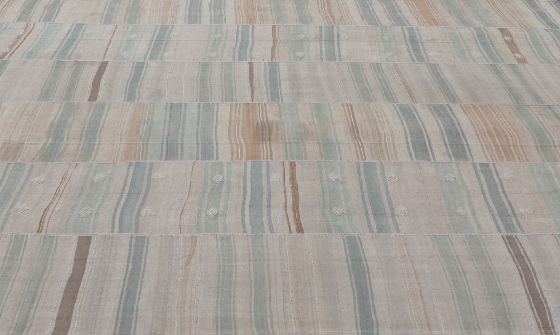 Measures: 14'0 x 14'2 Squared Vintage Hand Woven Turkish Paneled Kilim Vintage Rug in Muted Colors. Keivan Woven Arts / rug EN - 13197 country of origin / type: Turkey / Kilim, circa mid - 20th century Hand Woven large vintage Turkish paneled in cre... - Keivan Woven ArtsEN - 13197 - 22686Rug
