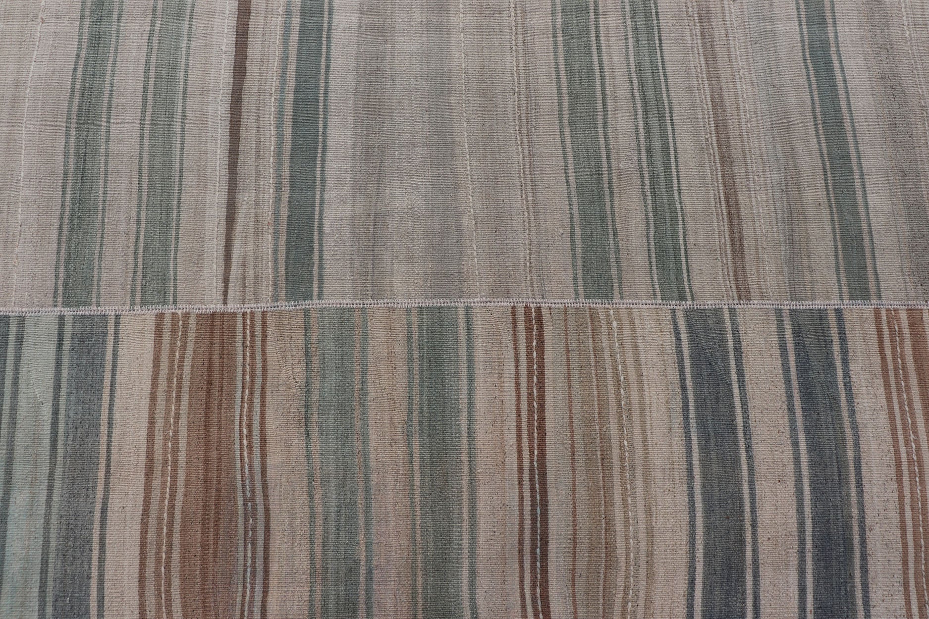 Measures: 14'0 x 14'2 Squared Vintage Hand Woven Turkish Paneled Kilim Vintage Rug in Muted Colors. Keivan Woven Arts / rug EN - 13197 country of origin / type: Turkey / Kilim, circa mid - 20th century Hand Woven large vintage Turkish paneled in cre... - Keivan Woven ArtsEN - 13197 - 22686Rug