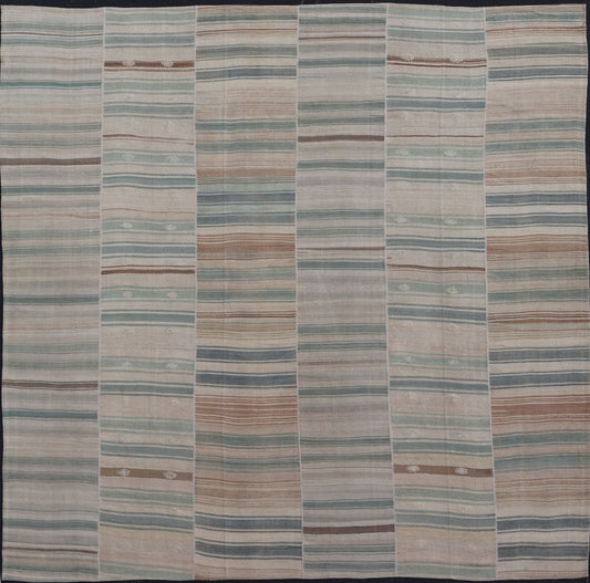 Measures: 14'0 x 14'2 Squared Vintage Hand Woven Turkish Paneled Kilim Vintage Rug in Muted Colors. Keivan Woven Arts / rug EN - 13197 country of origin / type: Turkey / Kilim, circa mid - 20th century Hand Woven large vintage Turkish paneled in cre... - Keivan Woven ArtsEN - 13197 - 22686