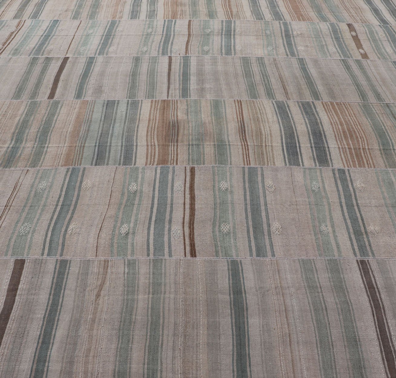 Measures: 14'0 x 14'2 Squared Vintage Hand Woven Turkish Paneled Kilim Vintage Rug in Muted Colors. Keivan Woven Arts / rug EN - 13197 country of origin / type: Turkey / Kilim, circa mid - 20th century Hand Woven large vintage Turkish paneled in cre... - Keivan Woven ArtsEN - 13197 - 22686Rug