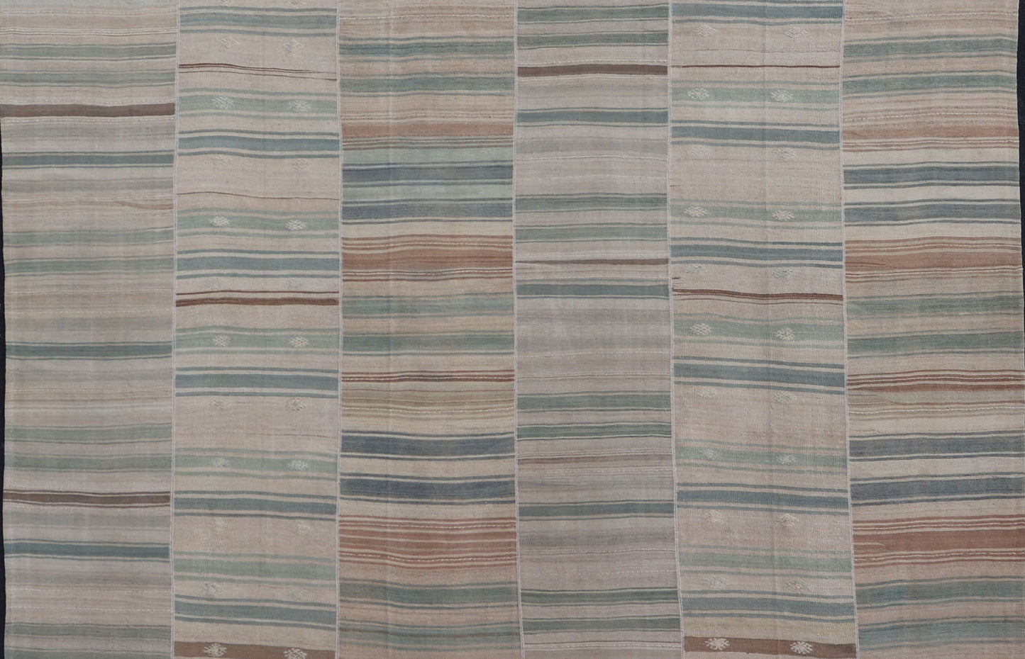 Measures: 14'0 x 14'2 Squared Vintage Hand Woven Turkish Paneled Kilim Vintage Rug in Muted Colors. Keivan Woven Arts / rug EN - 13197 country of origin / type: Turkey / Kilim, circa mid - 20th century Hand Woven large vintage Turkish paneled in cre... - Keivan Woven ArtsEN - 13197 - 22686Rug