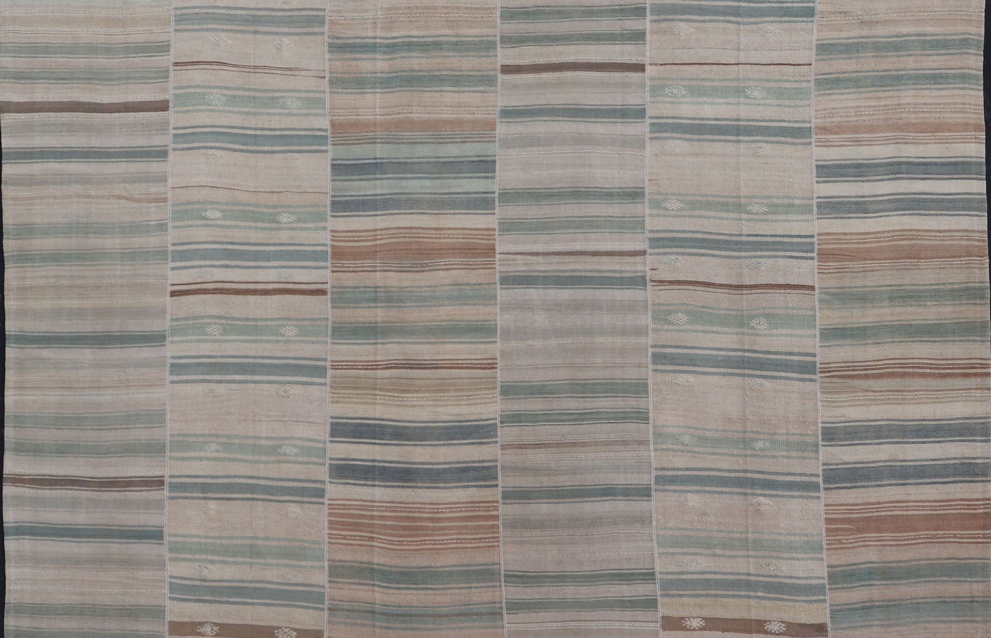 Measures: 14'0 x 14'2 Squared Vintage Hand Woven Turkish Paneled Kilim Vintage Rug in Muted Colors. Keivan Woven Arts / rug EN - 13197 country of origin / type: Turkey / Kilim, circa mid - 20th century Hand Woven large vintage Turkish paneled in cre... - Keivan Woven ArtsEN - 13197 - 22686Rug