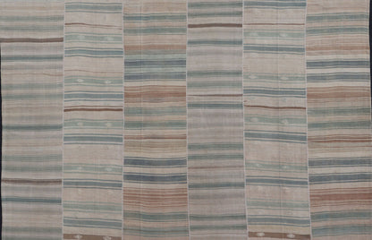 Measures: 14'0 x 14'2 Squared Vintage Hand Woven Turkish Paneled Kilim Vintage Rug in Muted Colors. Keivan Woven Arts / rug EN - 13197 country of origin / type: Turkey / Kilim, circa mid - 20th century Hand Woven large vintage Turkish paneled in cre... - Keivan Woven ArtsEN - 13197 - 22686Rug