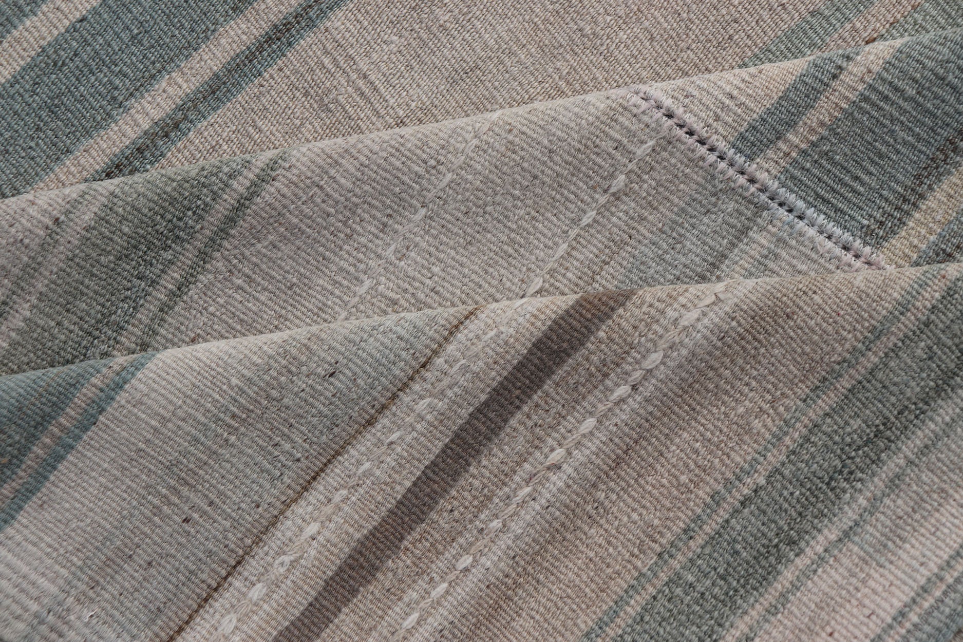 Measures: 14'0 x 14'2 Squared Vintage Hand Woven Turkish Paneled Kilim Vintage Rug in Muted Colors. Keivan Woven Arts / rug EN - 13197 country of origin / type: Turkey / Kilim, circa mid - 20th century Hand Woven large vintage Turkish paneled in cre... - Keivan Woven ArtsEN - 13197 - 22686Rug