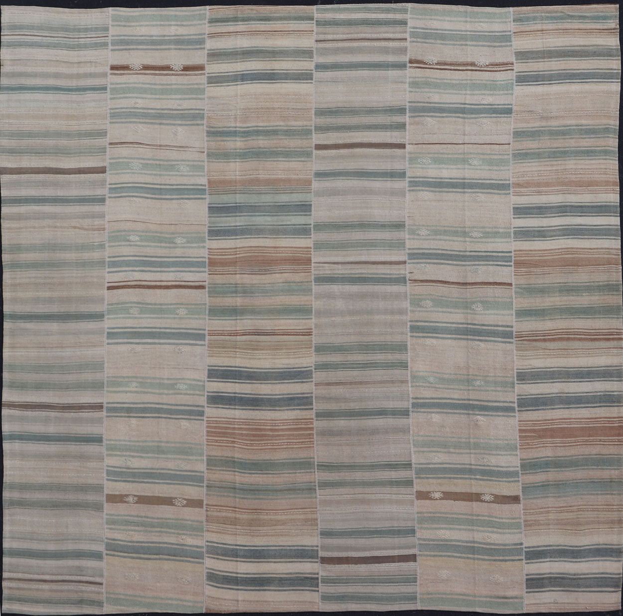 Measures: 14'0 x 14'2 Squared Vintage Hand Woven Turkish Paneled Kilim Vintage Rug in Muted Colors. Keivan Woven Arts / rug EN - 13197 country of origin / type: Turkey / Kilim, circa mid - 20th century Hand Woven large vintage Turkish paneled in cre... - Keivan Woven ArtsEN - 13197 - 22686Rug