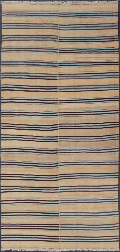Turkish Vintage Kilim Flat - Weave Rug in Brown, Blue and Cream with Stripe Design. Keivan Woven Arts / rug EN - 13206 - 13207, country of origin / type: Turkey / Kilim, circa 1950 Measures: 5'3 x 12'4 This vintage striped design Turkish Kilim ren... - Keivan Woven ArtsEN - 13206 - 13207 - 23888Rug