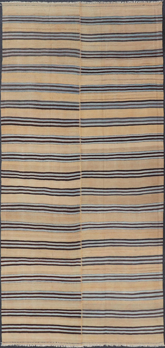 Turkish Vintage Kilim Flat - Weave Rug in Brown, Blue and Cream with Stripe Design. Keivan Woven Arts / rug EN - 13206 - 13207, country of origin / type: Turkey / Kilim, circa 1950 Measures: 5'3 x 12'4 This vintage striped design Turkish Kilim ren... - Keivan Woven ArtsEN - 13206 - 13207 - 23888Rug