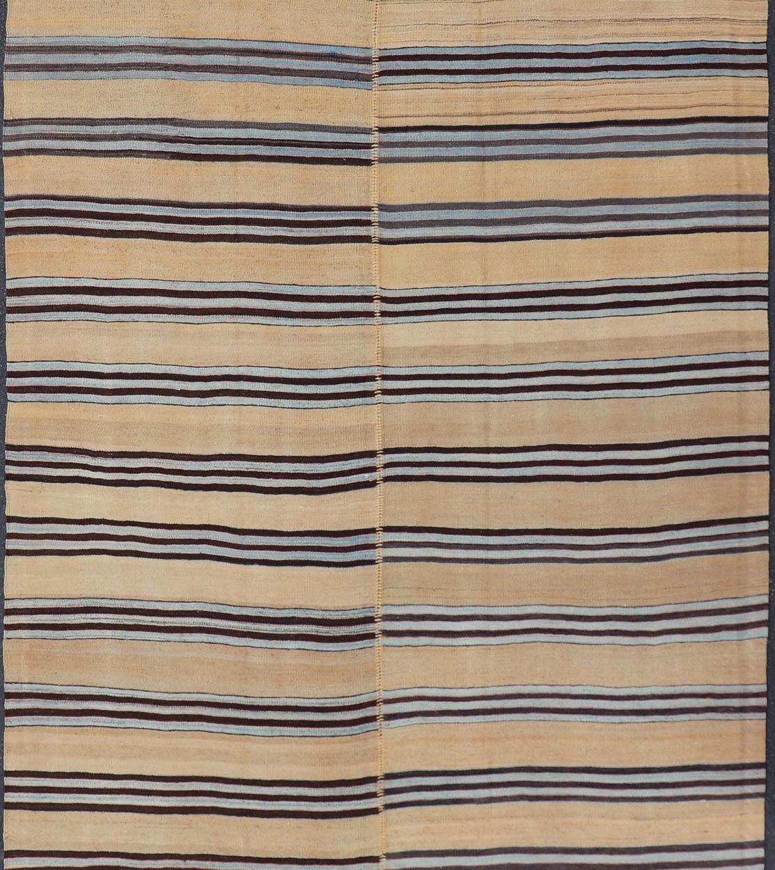 Turkish Vintage Kilim Flat - Weave Rug in Brown, Blue and Cream with Stripe Design. Keivan Woven Arts / rug EN - 13206 - 13207, country of origin / type: Turkey / Kilim, circa 1950 Measures: 5'3 x 12'4 This vintage striped design Turkish Kilim ren... - Keivan Woven ArtsEN - 13206 - 13207 - 23888Rug