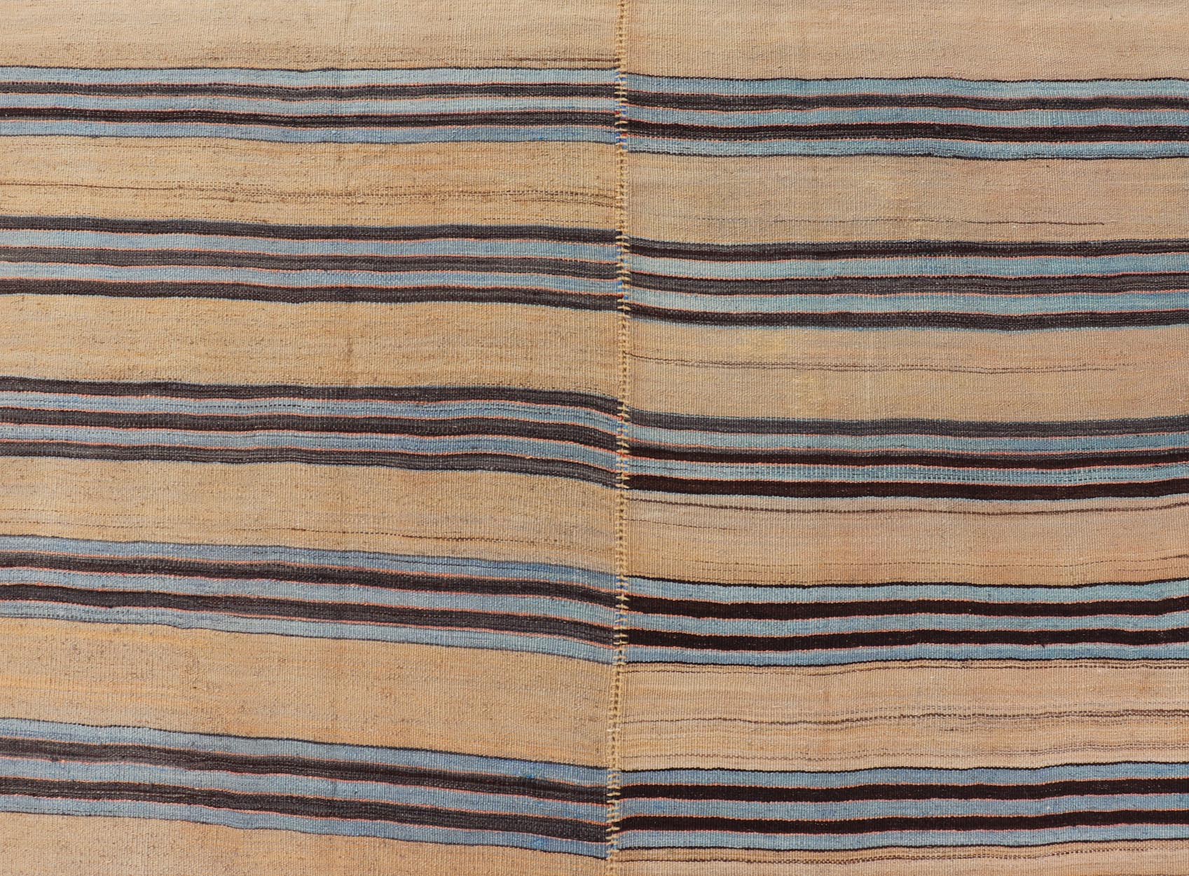 Turkish Vintage Kilim Flat - Weave Rug in Brown, Blue and Cream with Stripe Design. Keivan Woven Arts / rug EN - 13206 - 13207, country of origin / type: Turkey / Kilim, circa 1950 Measures: 5'3 x 12'4 This vintage striped design Turkish Kilim ren... - Keivan Woven ArtsEN - 13206 - 13207 - 23888Rug