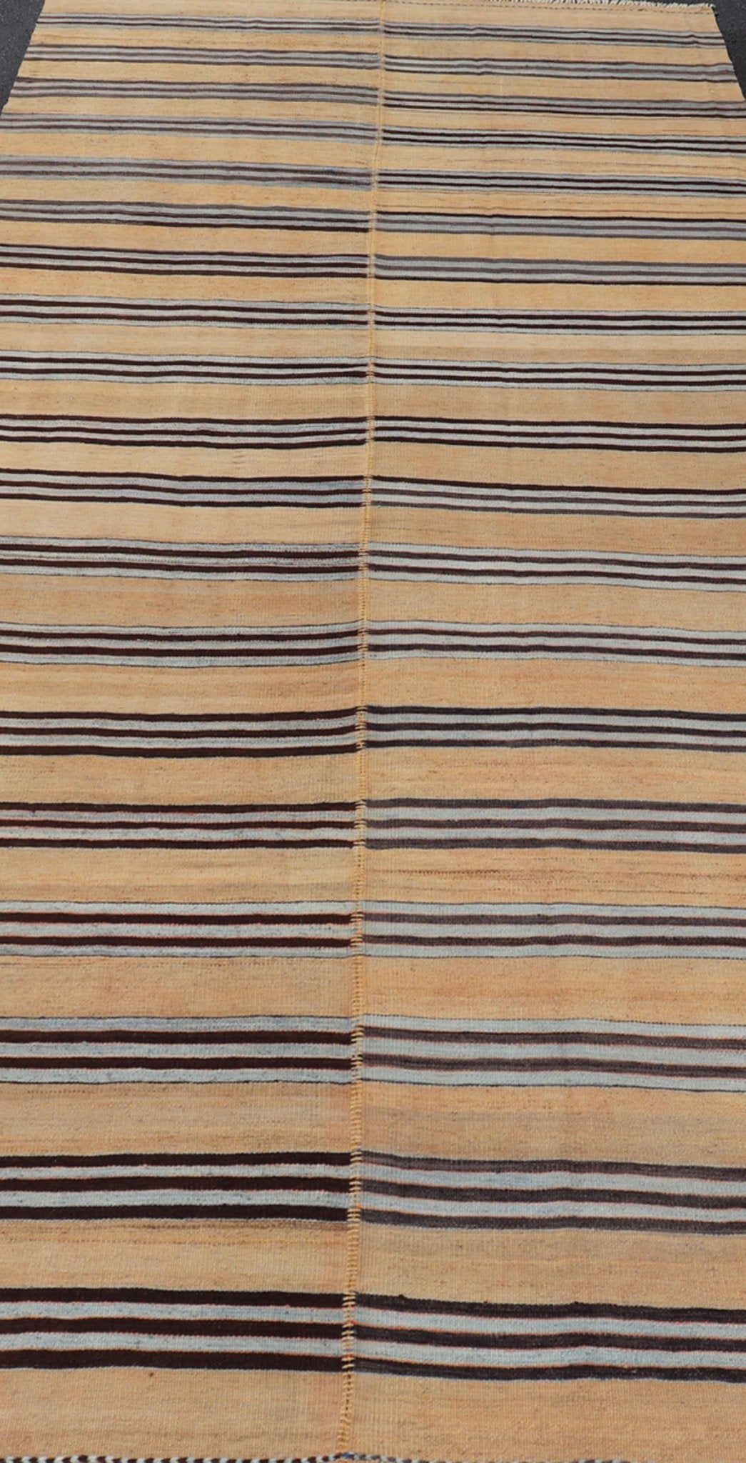 Turkish Vintage Kilim Flat - Weave Rug in Brown, Blue and Cream with Stripe Design. Keivan Woven Arts / rug EN - 13206 - 13207, country of origin / type: Turkey / Kilim, circa 1950 Measures: 5'3 x 12'4 This vintage striped design Turkish Kilim ren... - Keivan Woven ArtsEN - 13206 - 13207 - 23888Rug