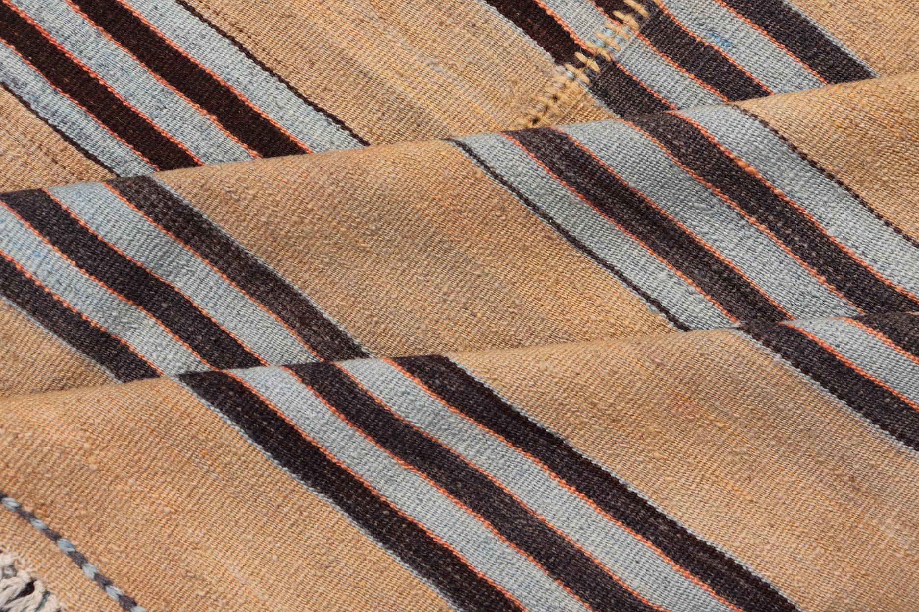 Turkish Vintage Kilim Flat - Weave Rug in Brown, Blue and Cream with Stripe Design. Keivan Woven Arts / rug EN - 13206 - 13207, country of origin / type: Turkey / Kilim, circa 1950 Measures: 5'3 x 12'4 This vintage striped design Turkish Kilim ren... - Keivan Woven ArtsEN - 13206 - 13207 - 23888Rug