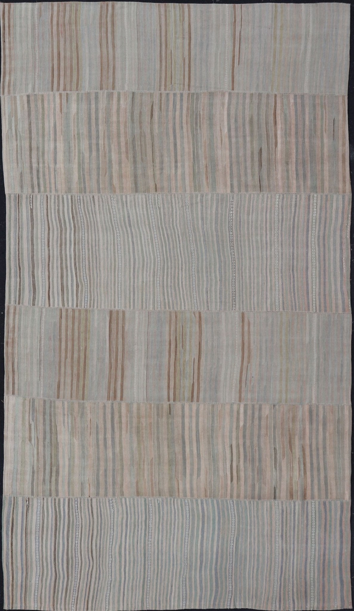 Measures: 9'9 x 16'6 Large Paneled Vintage Turkish Striped Kilim Rug in Soft Muted Colors. Keivan Woven Arts / Rug/EN - 13209, country of origin / type: Turkey / Kilim, circa 1950 Woven during the early - 20th century in Turkey, this Kilim is de... - Keivan Woven ArtsEN - 13209 - 22692Rug