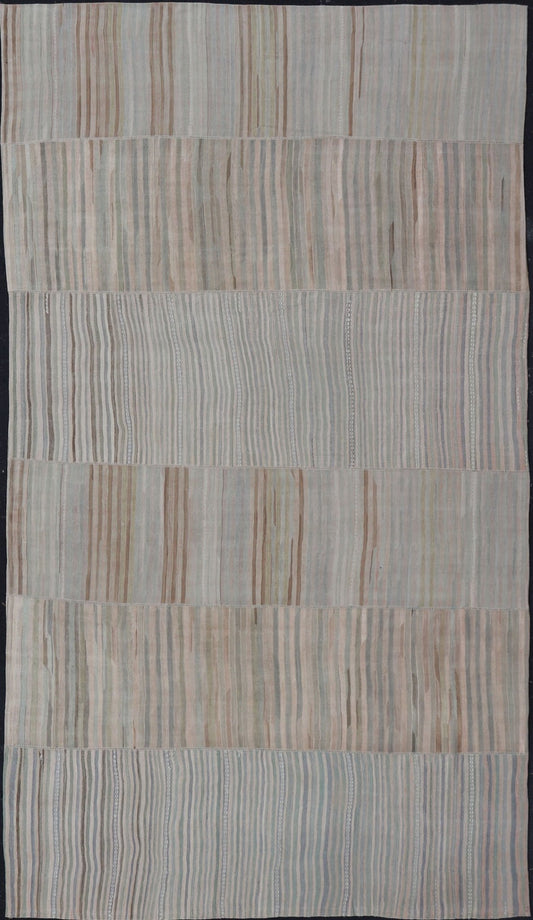Measures: 9'9 x 16'6 Large Paneled Vintage Turkish Striped Kilim Rug in Soft Muted Colors. Keivan Woven Arts / Rug/EN - 13209, country of origin / type: Turkey / Kilim, circa 1950 Woven during the early - 20th century in Turkey, this Kilim is de... - Keivan Woven ArtsEN - 13209 - 22692Rug