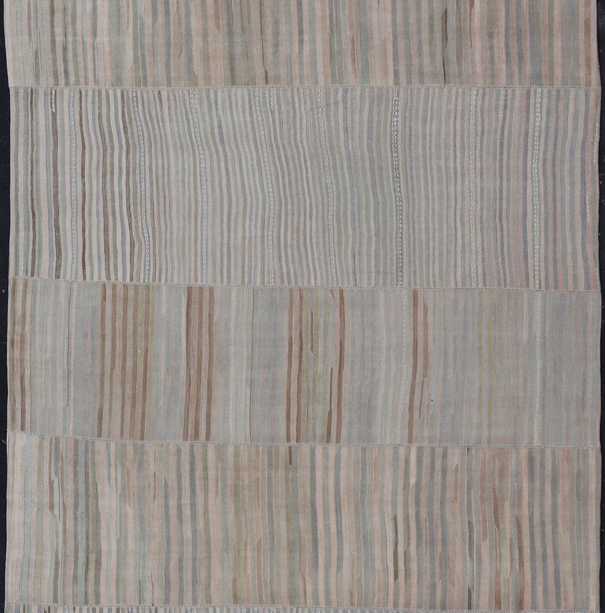 Measures: 9'9 x 16'6 Large Paneled Vintage Turkish Striped Kilim Rug in Soft Muted Colors. Keivan Woven Arts / Rug/EN - 13209, country of origin / type: Turkey / Kilim, circa 1950 Woven during the early - 20th century in Turkey, this Kilim is de... - Keivan Woven ArtsEN - 13209 - 22692Rug