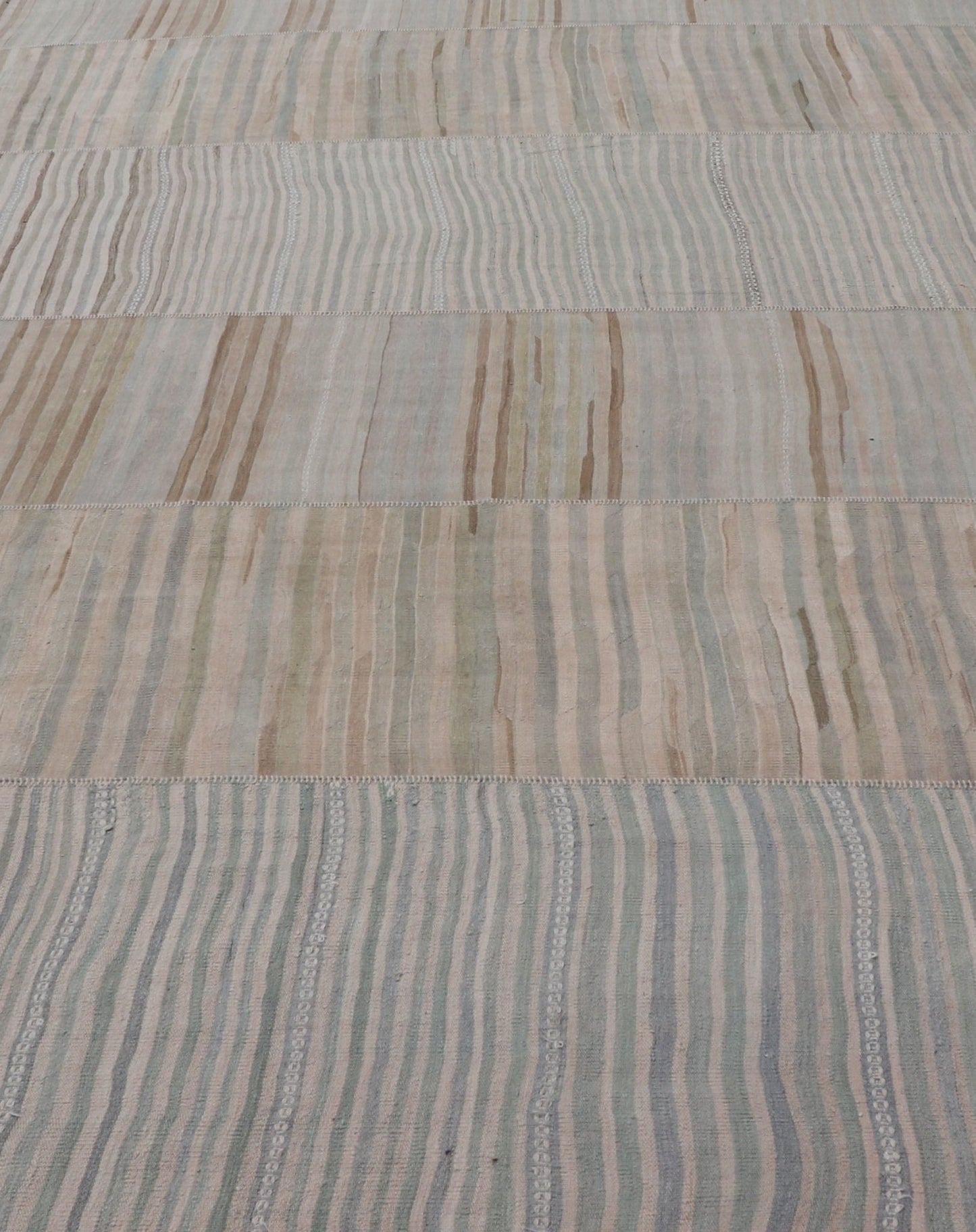 Measures: 9'9 x 16'6 Large Paneled Vintage Turkish Striped Kilim Rug in Soft Muted Colors. Keivan Woven Arts / Rug/EN - 13209, country of origin / type: Turkey / Kilim, circa 1950 Woven during the early - 20th century in Turkey, this Kilim is de... - Keivan Woven ArtsEN - 13209 - 22692Rug
