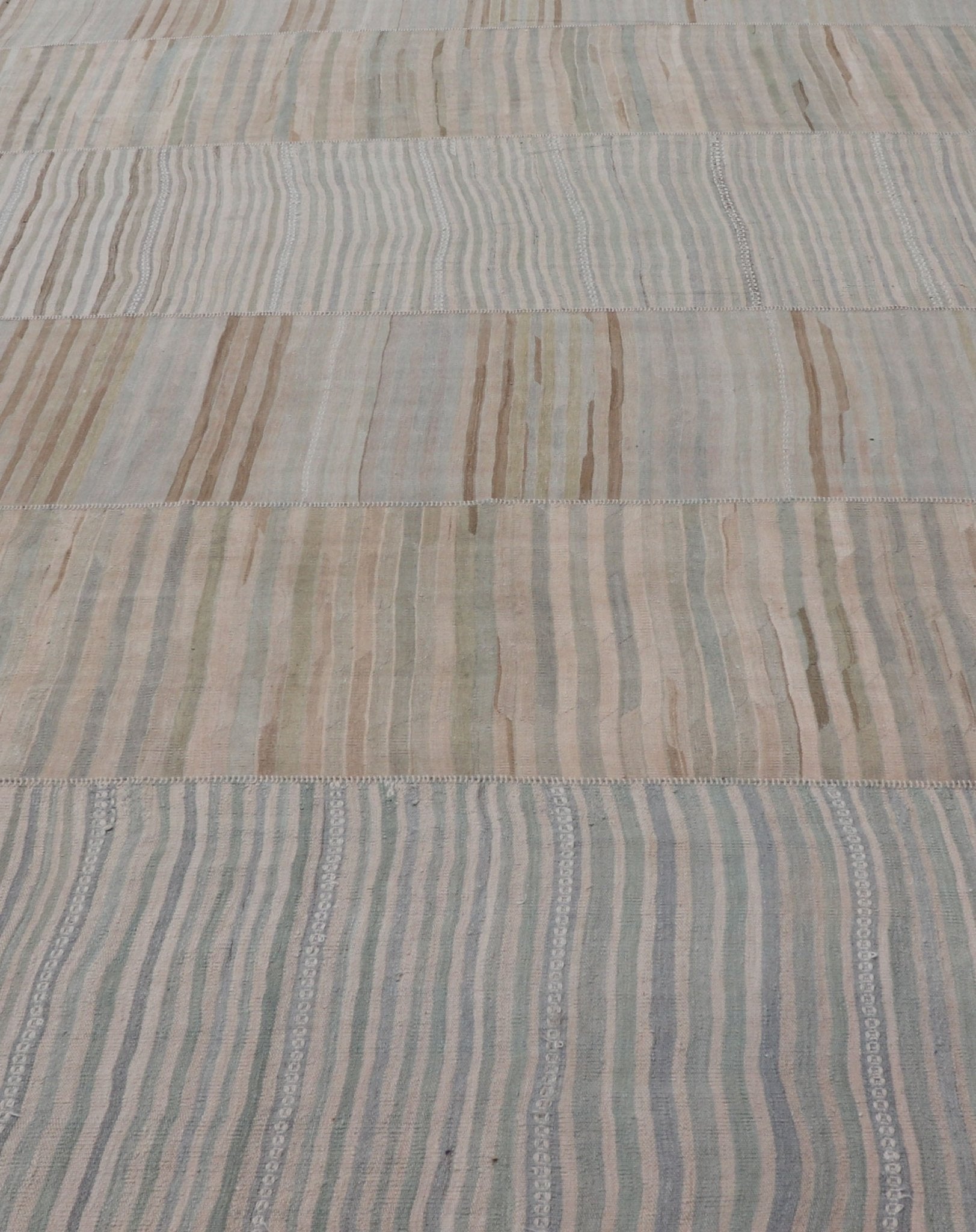 Measures: 9'9 x 16'6 Large Paneled Vintage Turkish Striped Kilim Rug in Soft Muted Colors. Keivan Woven Arts / Rug/EN - 13209, country of origin / type: Turkey / Kilim, circa 1950 Woven during the early - 20th century in Turkey, this Kilim is de... - Keivan Woven ArtsEN - 13209 - 22692Rug