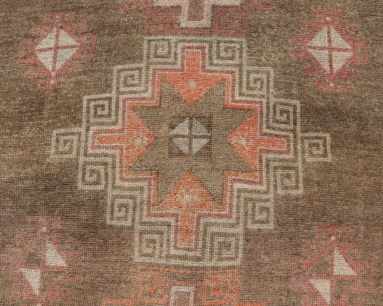 Turkish Kars Gallery Runner with Large Medallions in Red, Brown, Taupe, Tan Vintage Hand Knotted Kars Gallery runner from Turkey with Medallion design in various tones of red, orange taupe. and brown. Keivan Woven Arts / rug EN - 13243, country of... - Keivan Woven ArtsEN - 13243 - 18704