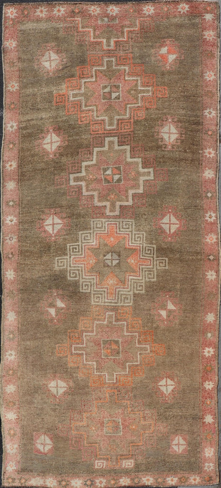 Turkish Kars Gallery Runner with Large Medallions in Red, Brown, Taupe, Tan Vintage Hand Knotted Kars Gallery runner from Turkey with Medallion design in various tones of red, orange taupe. and brown. Keivan Woven Arts / rug EN - 13243, country of... - Keivan Woven ArtsEN - 13243 - 18704Rug