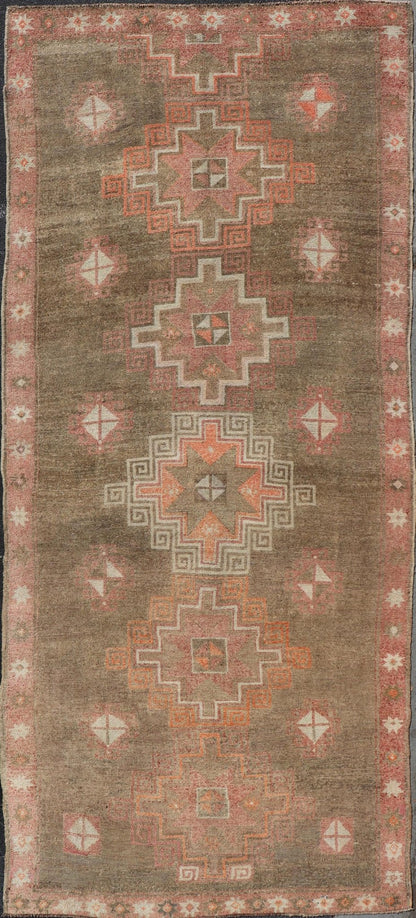 Turkish Kars Gallery Runner with Large Medallions in Red, Brown, Taupe, Tan Vintage Hand Knotted Kars Gallery runner from Turkey with Medallion design in various tones of red, orange taupe. and brown. Keivan Woven Arts / rug EN - 13243, country of... - Keivan Woven ArtsEN - 13243 - 18704