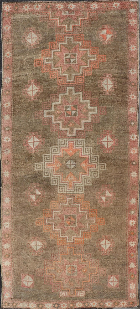 Turkish Kars Gallery Runner with Large Medallions in Red, Brown, Taupe, Tan Vintage Hand Knotted Kars Gallery runner from Turkey with Medallion design in various tones of red, orange taupe. and brown. Keivan Woven Arts / rug EN - 13243, country of... - Keivan Woven ArtsEN - 13243 - 18704