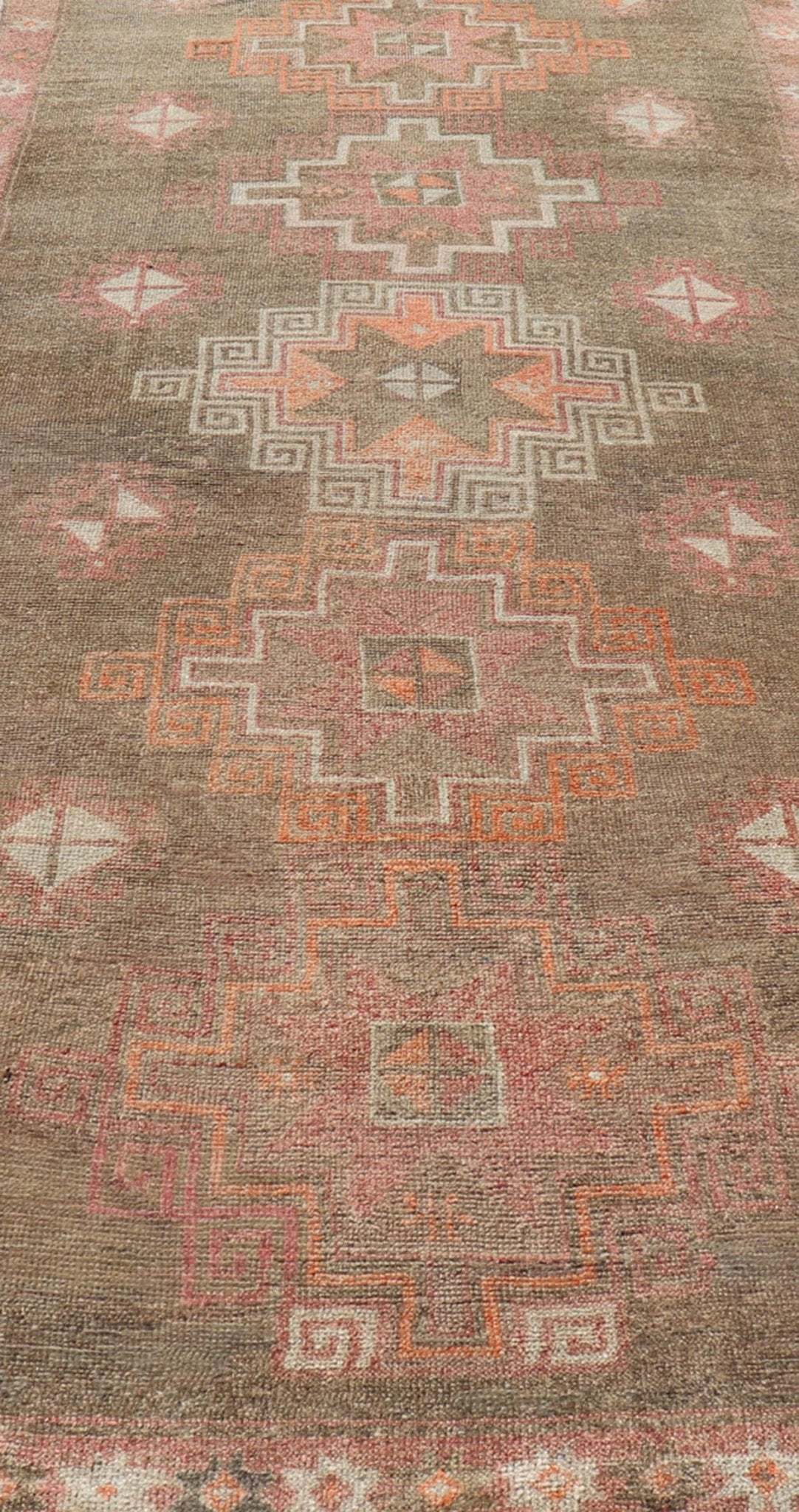Turkish Kars Gallery Runner with Large Medallions in Red, Brown, Taupe, Tan Vintage Hand Knotted Kars Gallery runner from Turkey with Medallion design in various tones of red, orange taupe. and brown. Keivan Woven Arts / rug EN - 13243, country of... - Keivan Woven ArtsEN - 13243 - 18704
