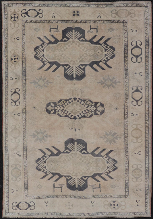 Vintage Oushak Rug from Turkey with Navy Blue and Floral Medallion's. Keivan Woven Arts / rug/EN - 13264, country of origin / type: Turkey / Oushak, circa 1950. Measures: 4'7 x 7'0 This vintage Turkish Oushak rug features a faint, etched medallion... - Keivan Woven ArtsEN - 13264 - 23096Rug