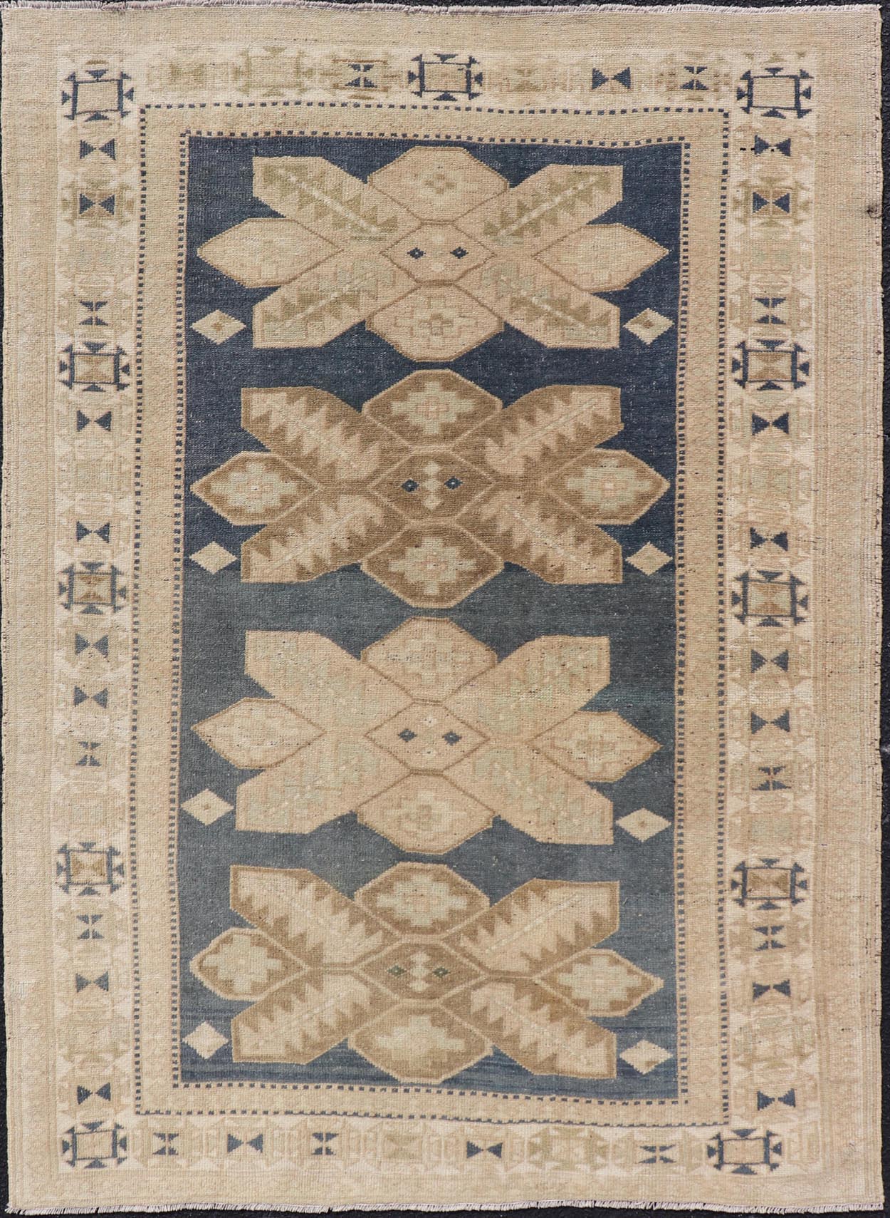Floral Medallion Vintage Hand Knotted Turkish Oushak Rug with Geometric Border Floral Geometric Medallion design Turkish vintage Oushak in blue and tan, Keivan Woven Arts / rug EN - 13310, country of origin / type: Turkey / Oushak, circa 1950... - Keivan Woven ArtsEN - 13310 - 18806Rug